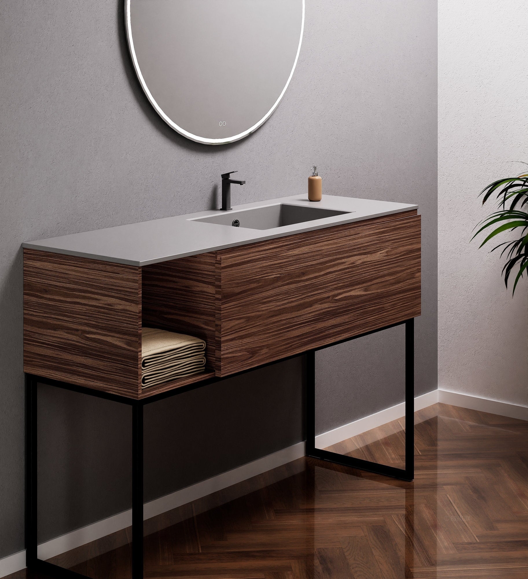 Aurora Single Set with Supporting Legs – Corian Basi & Countertop with 1 Drawer Vanity & Side Shelf - ROVALUX