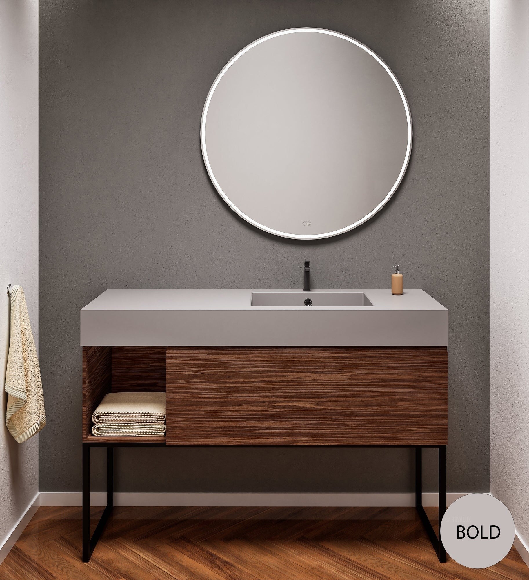Aurora Single Set with Supporting Legs – Corian Basi & Countertop with 1 Drawer Vanity & Side Shelf - ROVALUX