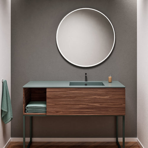 Aurora Single Set with Supporting Legs – Corian Basi & Countertop with 1 Drawer Vanity & Side Shelf - ROVALUX