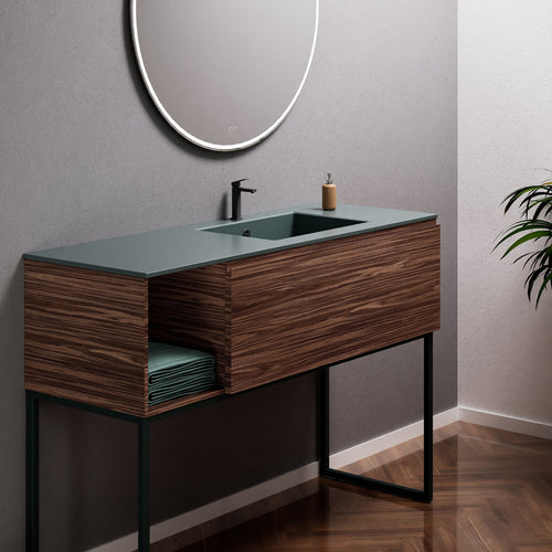 Aurora Single Set with Supporting Legs – Corian Basi & Countertop with 1 Drawer Vanity & Side Shelf - ROVALUX