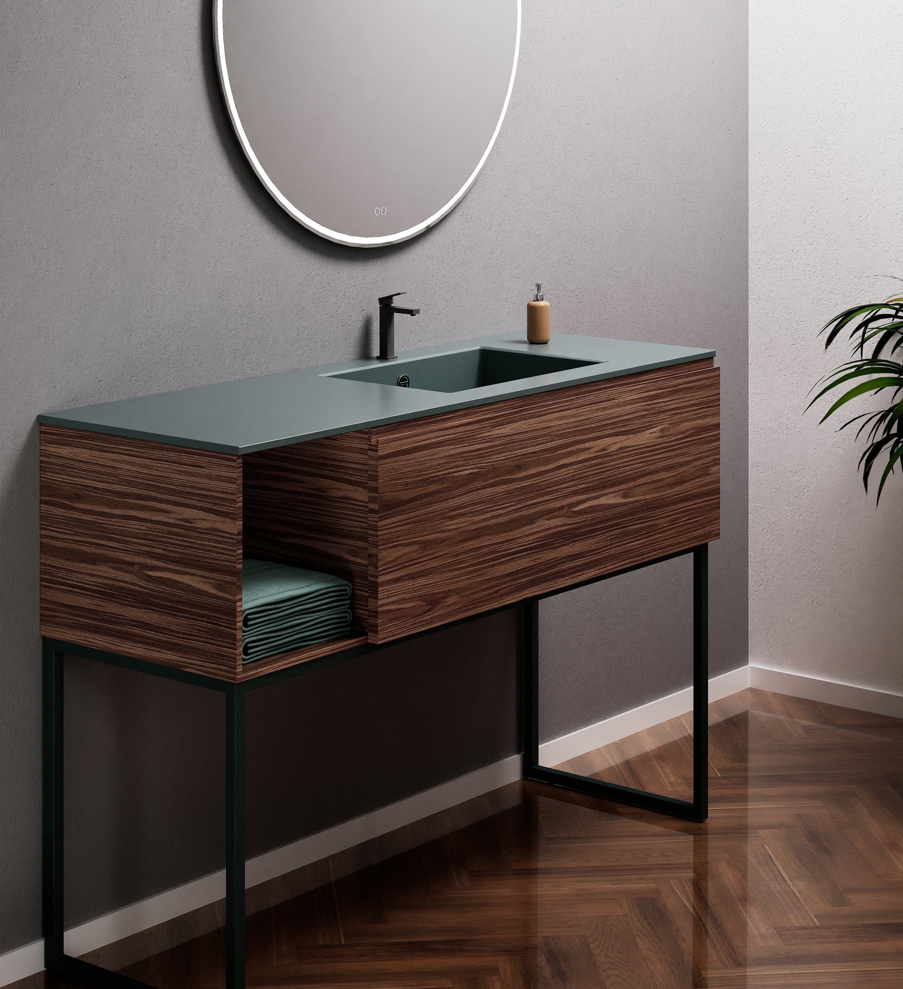 Aurora Single Set with Supporting Legs – Corian Basi & Countertop with 1 Drawer Vanity & Side Shelf - ROVALUX