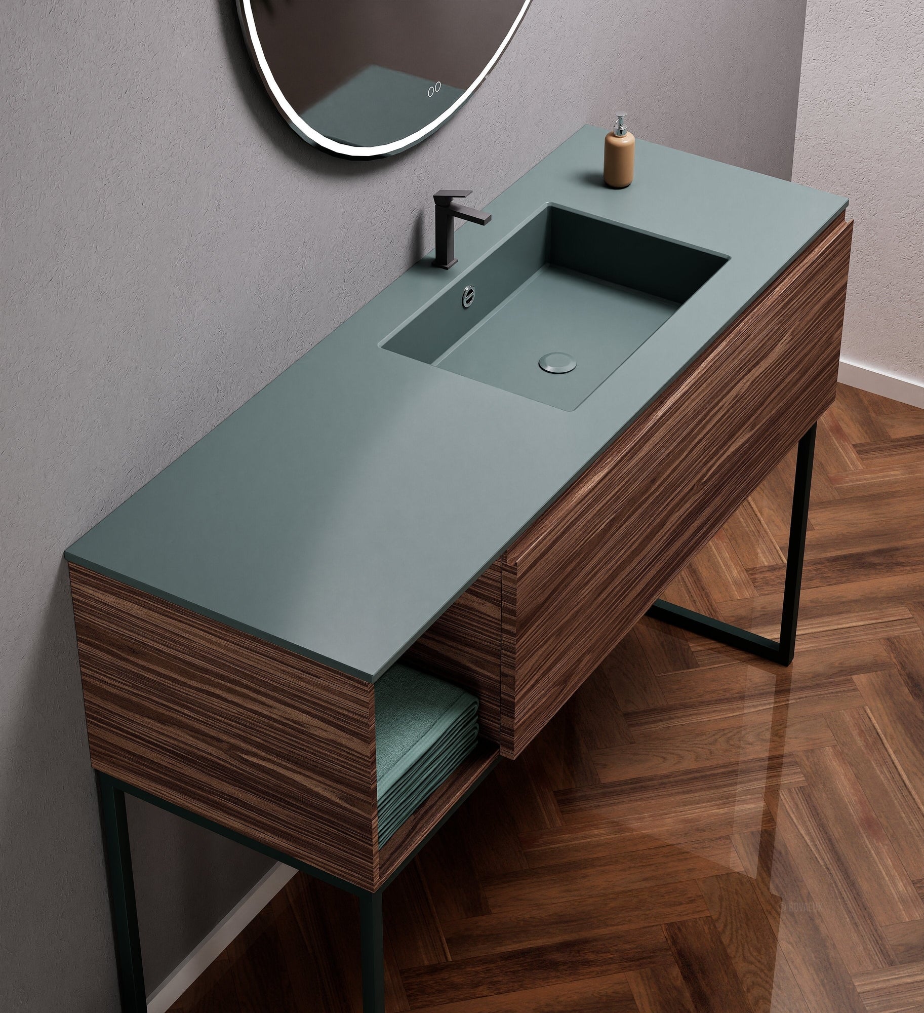 Aurora Single Set with Supporting Legs – Corian Basi & Countertop with 1 Drawer Vanity & Side Shelf - ROVALUX