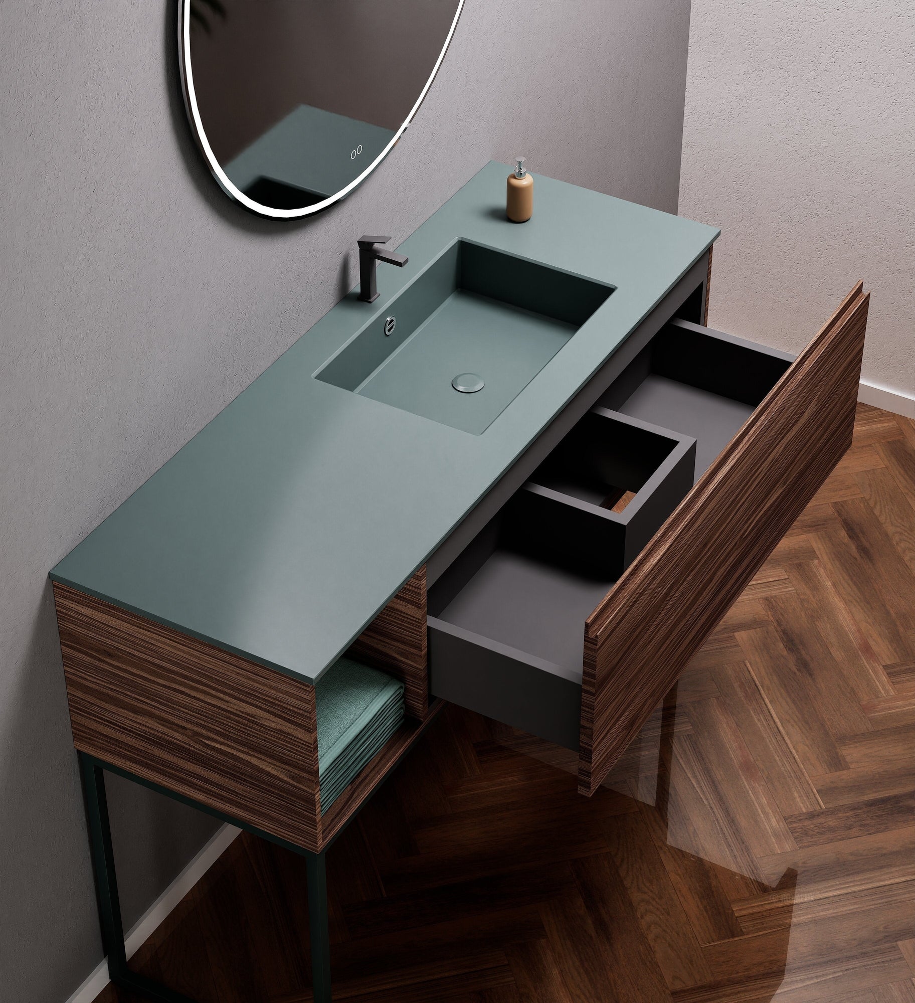 Aurora Single Set with Supporting Legs – Corian Basi & Countertop with 1 Drawer Vanity & Side Shelf - ROVALUX