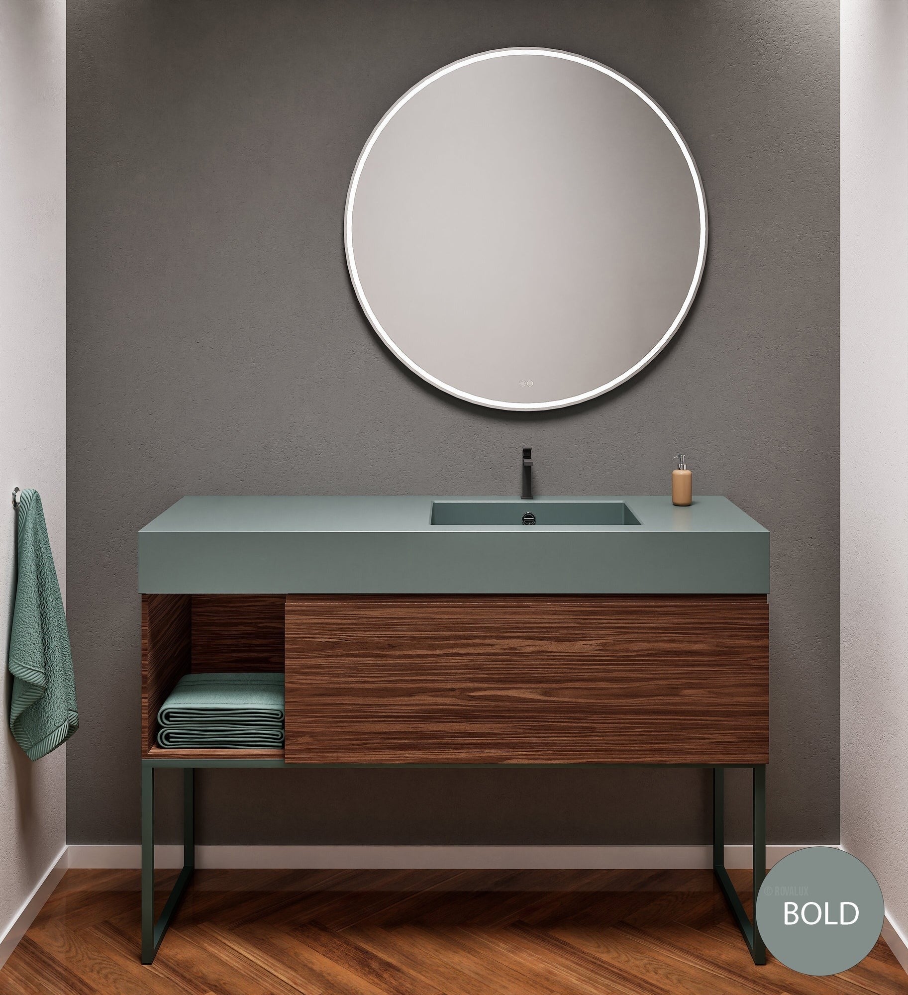 Aurora Single Set with Supporting Legs – Corian Basi & Countertop with 1 Drawer Vanity & Side Shelf - ROVALUX