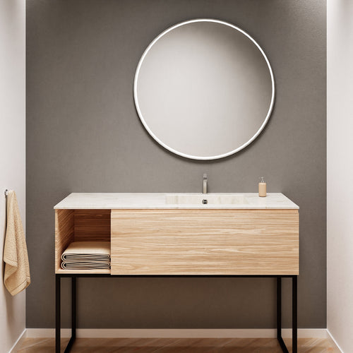 Aurora Single Set with Supporting Legs – Corian Basi & Countertop with 1 Drawer Vanity & Side Shelf - ROVALUX
