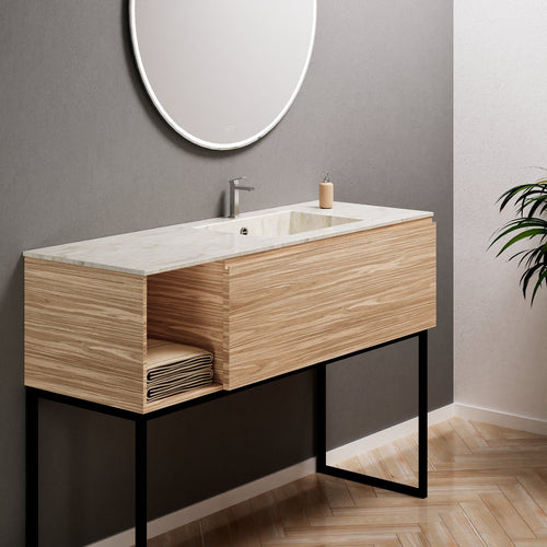 Aurora Single Set with Supporting Legs – Corian Basi & Countertop with 1 Drawer Vanity & Side Shelf - ROVALUX