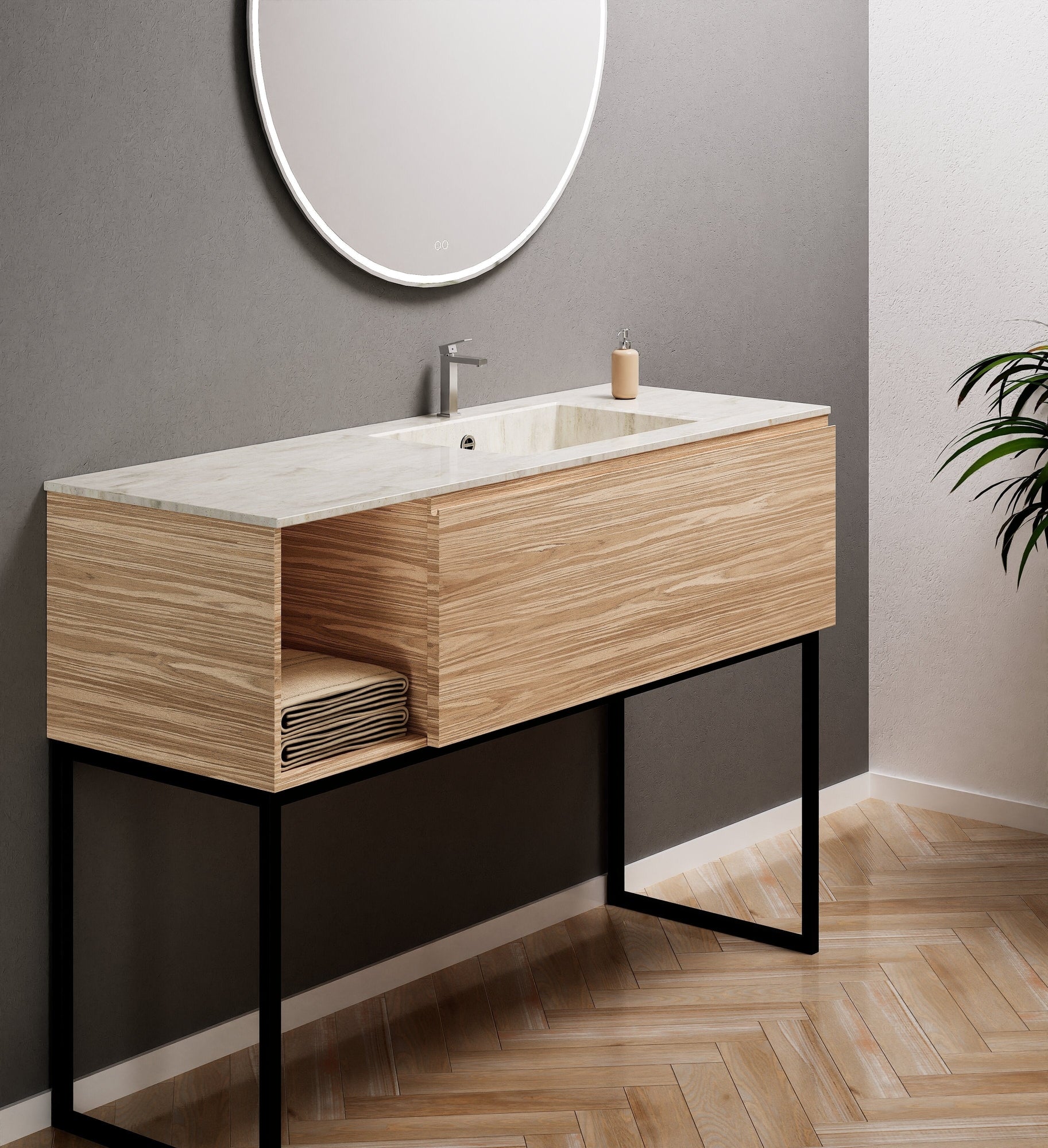 Aurora Single Set with Supporting Legs – Corian Basi & Countertop with 1 Drawer Vanity & Side Shelf - ROVALUX