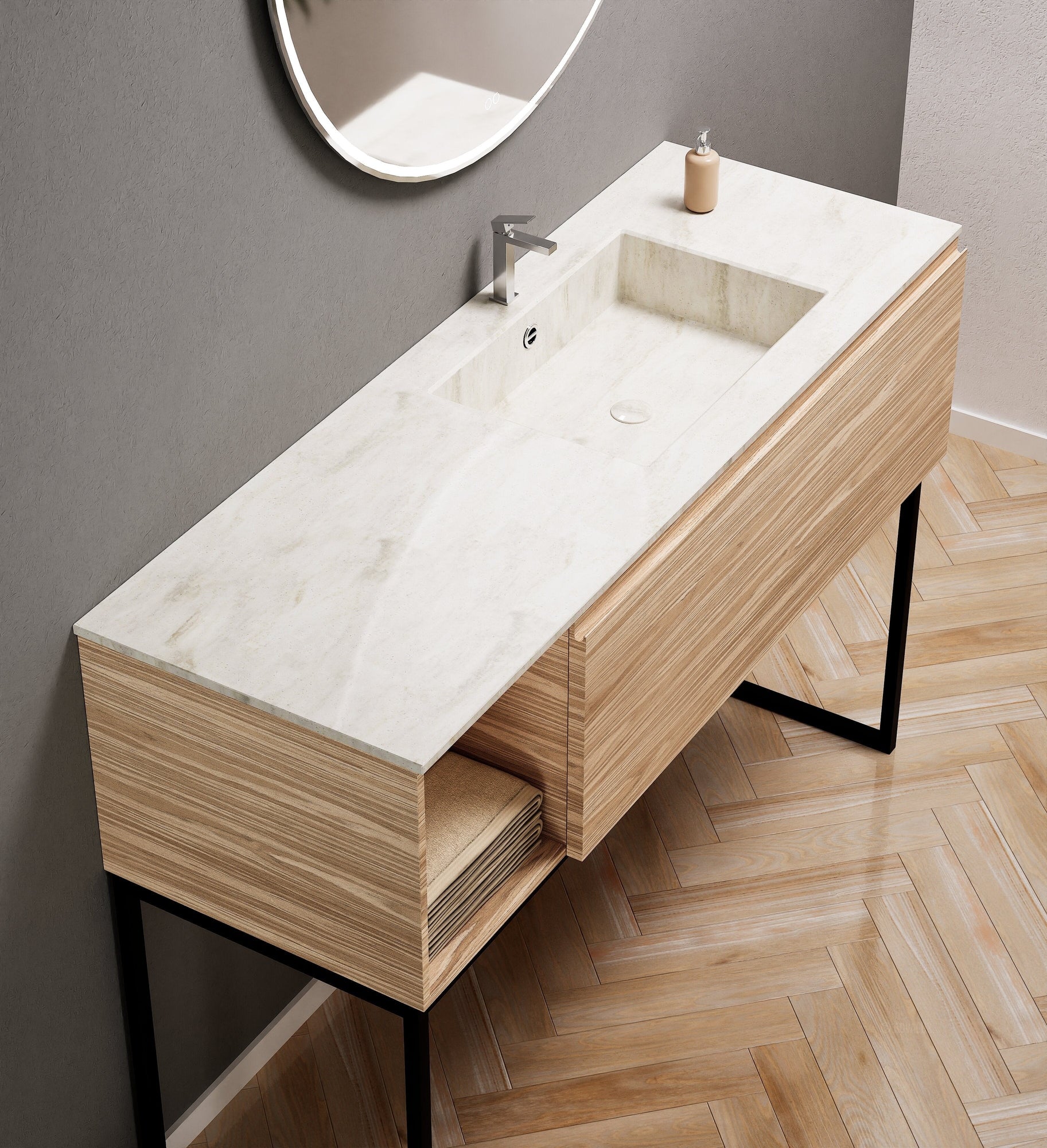Aurora Single Set with Supporting Legs – Corian Basi & Countertop with 1 Drawer Vanity & Side Shelf - ROVALUX