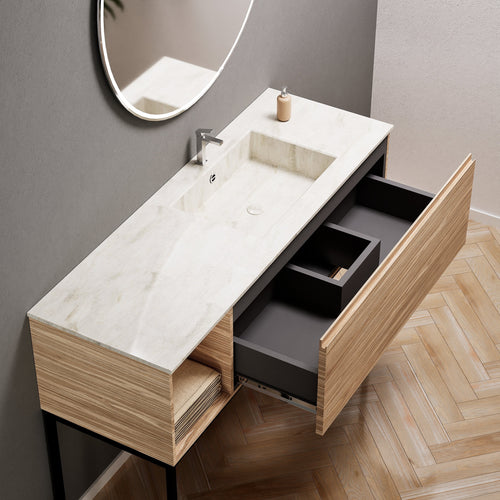 Aurora Single Set with Supporting Legs – Corian Basi & Countertop with 1 Drawer Vanity & Side Shelf - ROVALUX