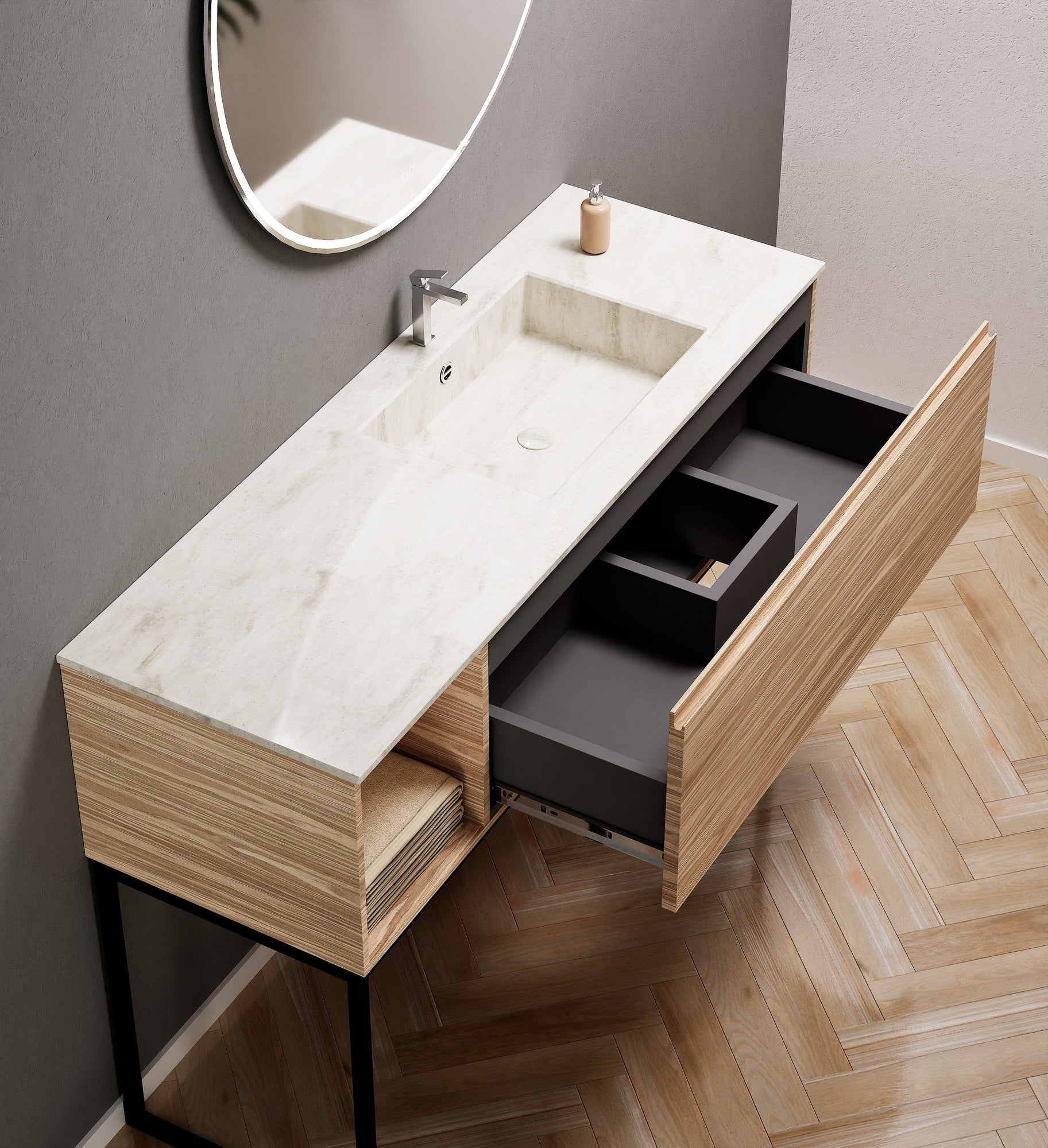 Aurora Single Set with Supporting Legs – Corian Basi & Countertop with 1 Drawer Vanity & Side Shelf - ROVALUX