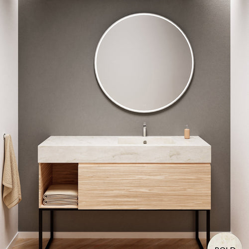Aurora Single Set with Supporting Legs – Corian Basi & Countertop with 1 Drawer Vanity & Side Shelf - ROVALUX