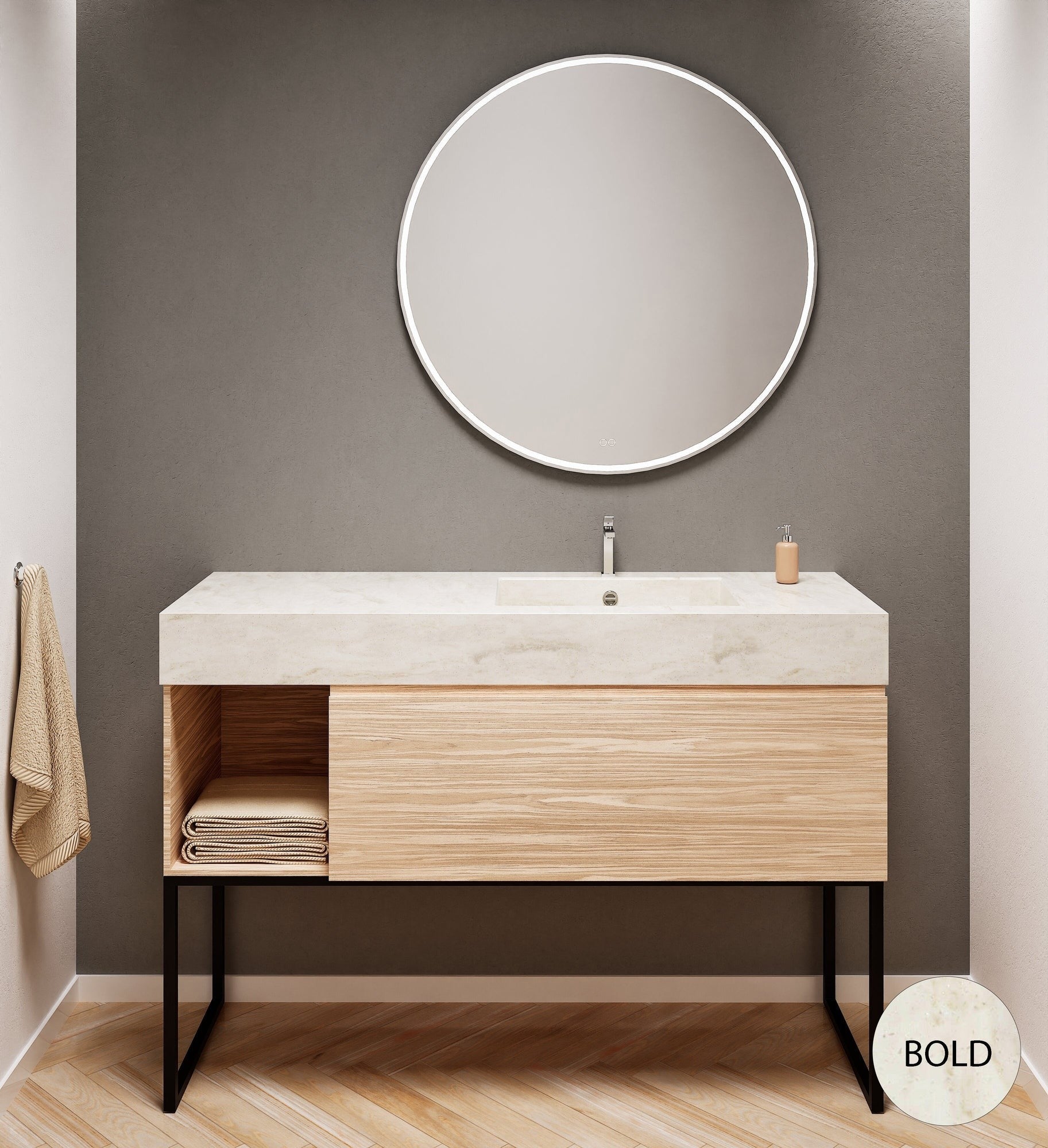 Aurora Single Set with Supporting Legs – Corian Basi & Countertop with 1 Drawer Vanity & Side Shelf - ROVALUX