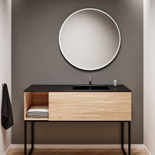 Aurora Single Set with Supporting Legs – Corian Basi & Countertop with 1 Drawer Vanity & Side Shelf - ROVALUX