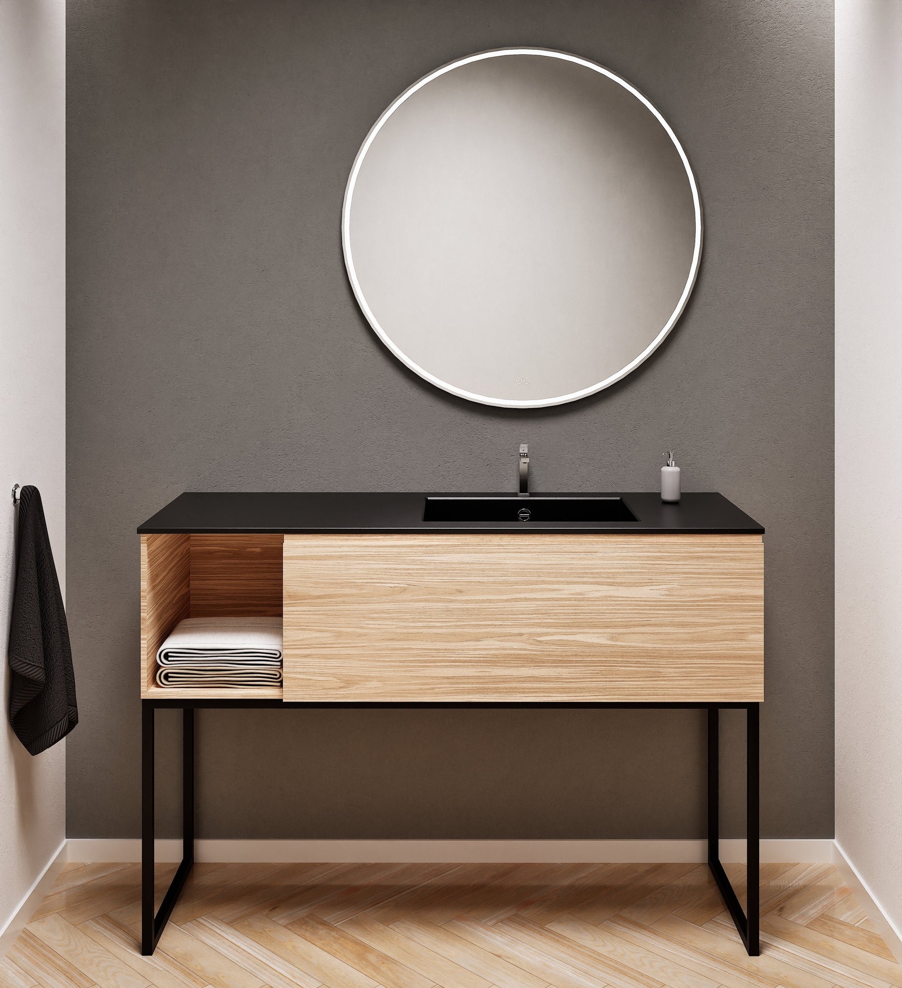 Aurora Single Set with Supporting Legs – Corian Basi & Countertop with 1 Drawer Vanity & Side Shelf - ROVALUX