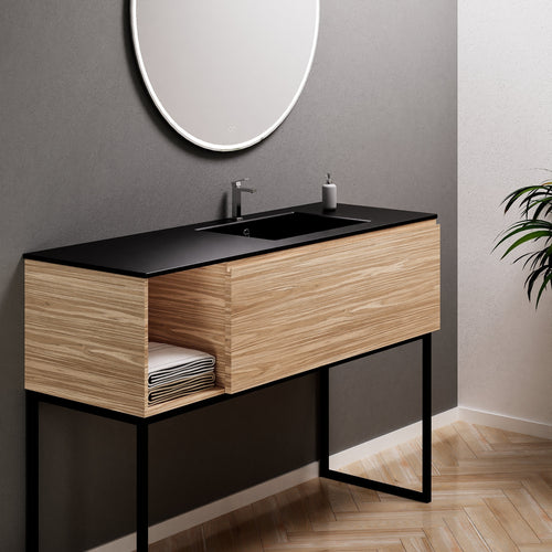 Aurora Single Set with Supporting Legs – Corian Basi & Countertop with 1 Drawer Vanity & Side Shelf - ROVALUX