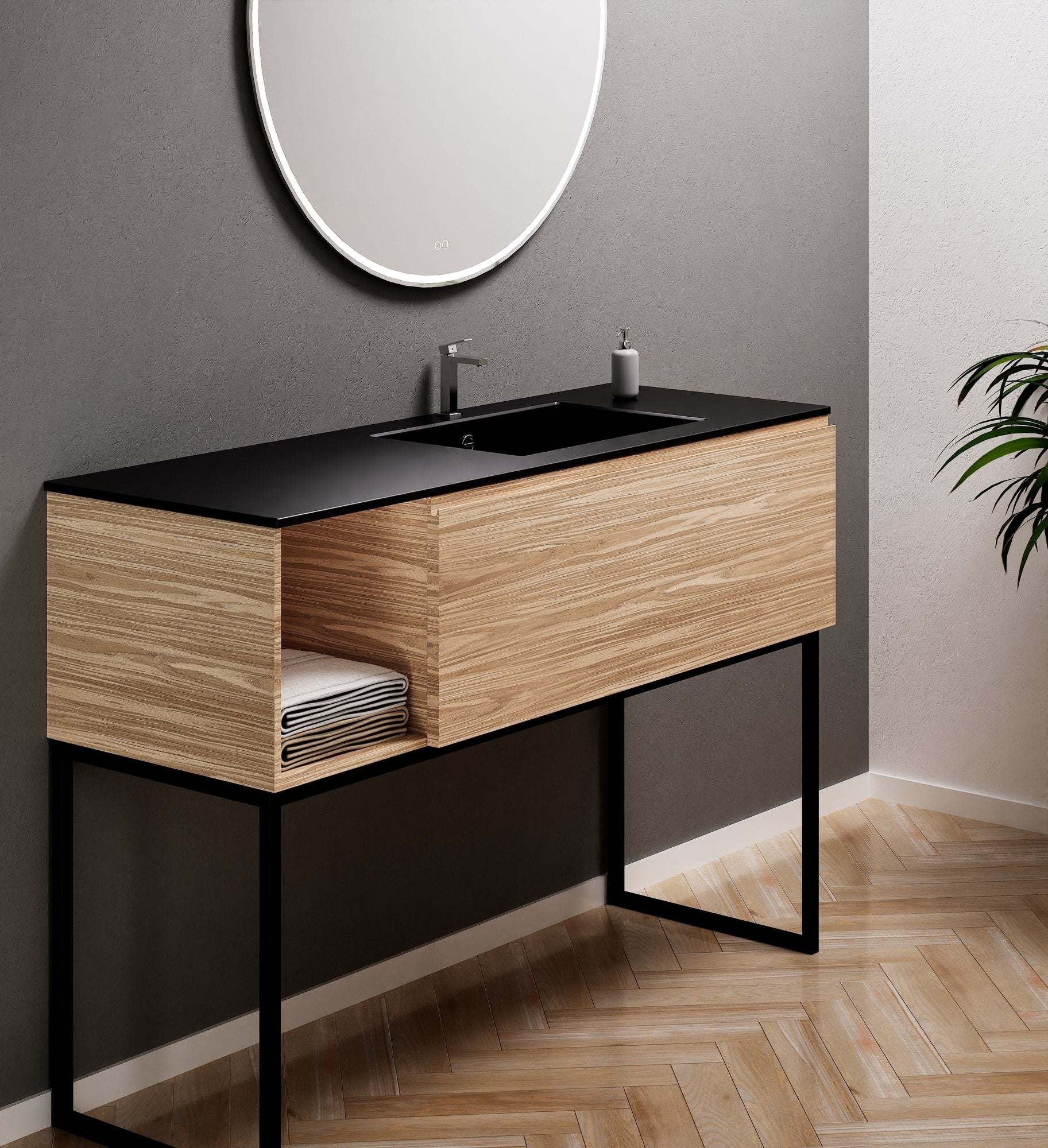 Aurora Single Set with Supporting Legs – Corian Basi & Countertop with 1 Drawer Vanity & Side Shelf - ROVALUX