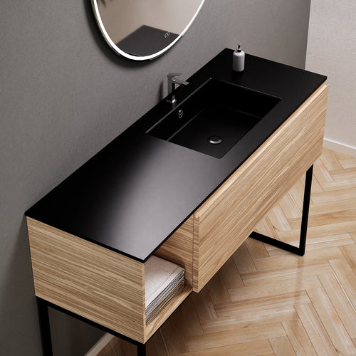 Aurora Single Set with Supporting Legs – Corian Basi & Countertop with 1 Drawer Vanity & Side Shelf - ROVALUX