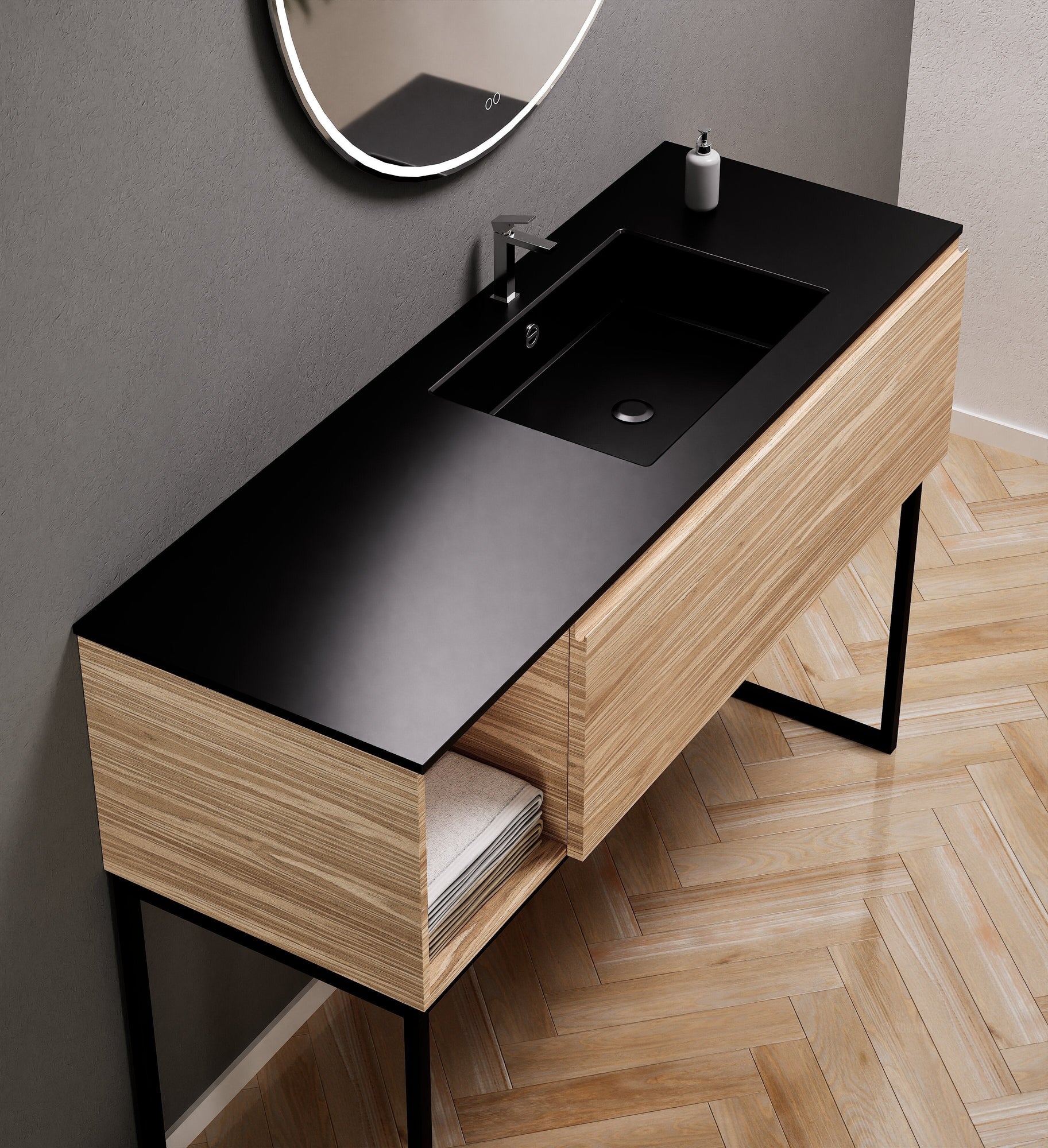 Aurora Single Set with Supporting Legs – Corian Basi & Countertop with 1 Drawer Vanity & Side Shelf - ROVALUX