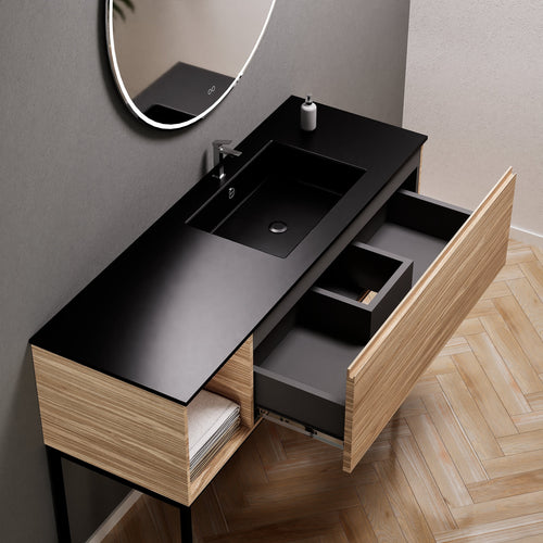 Aurora Single Set with Supporting Legs – Corian Basi & Countertop with 1 Drawer Vanity & Side Shelf - ROVALUX
