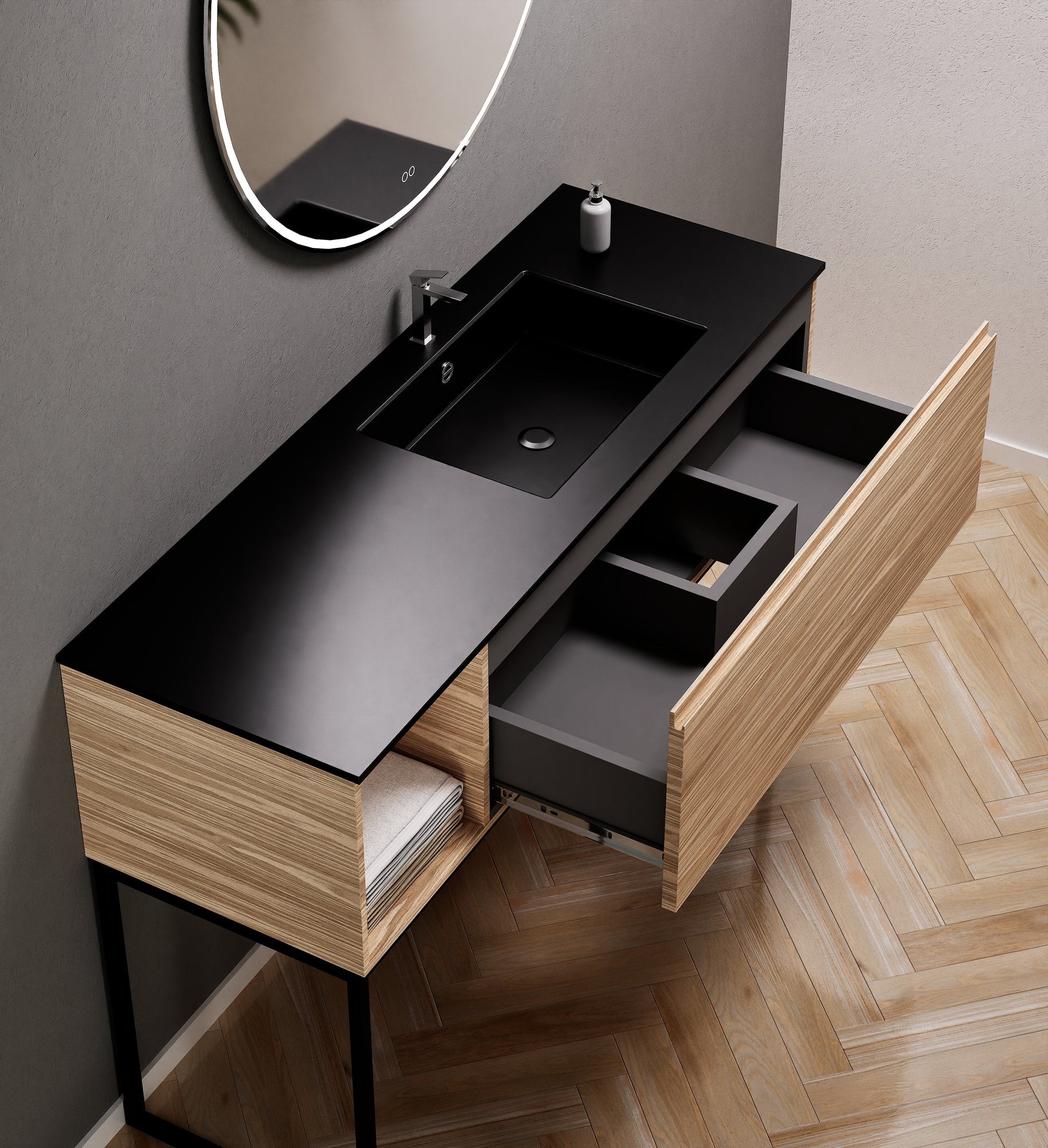 Aurora Single Set with Supporting Legs – Corian Basi & Countertop with 1 Drawer Vanity & Side Shelf - ROVALUX