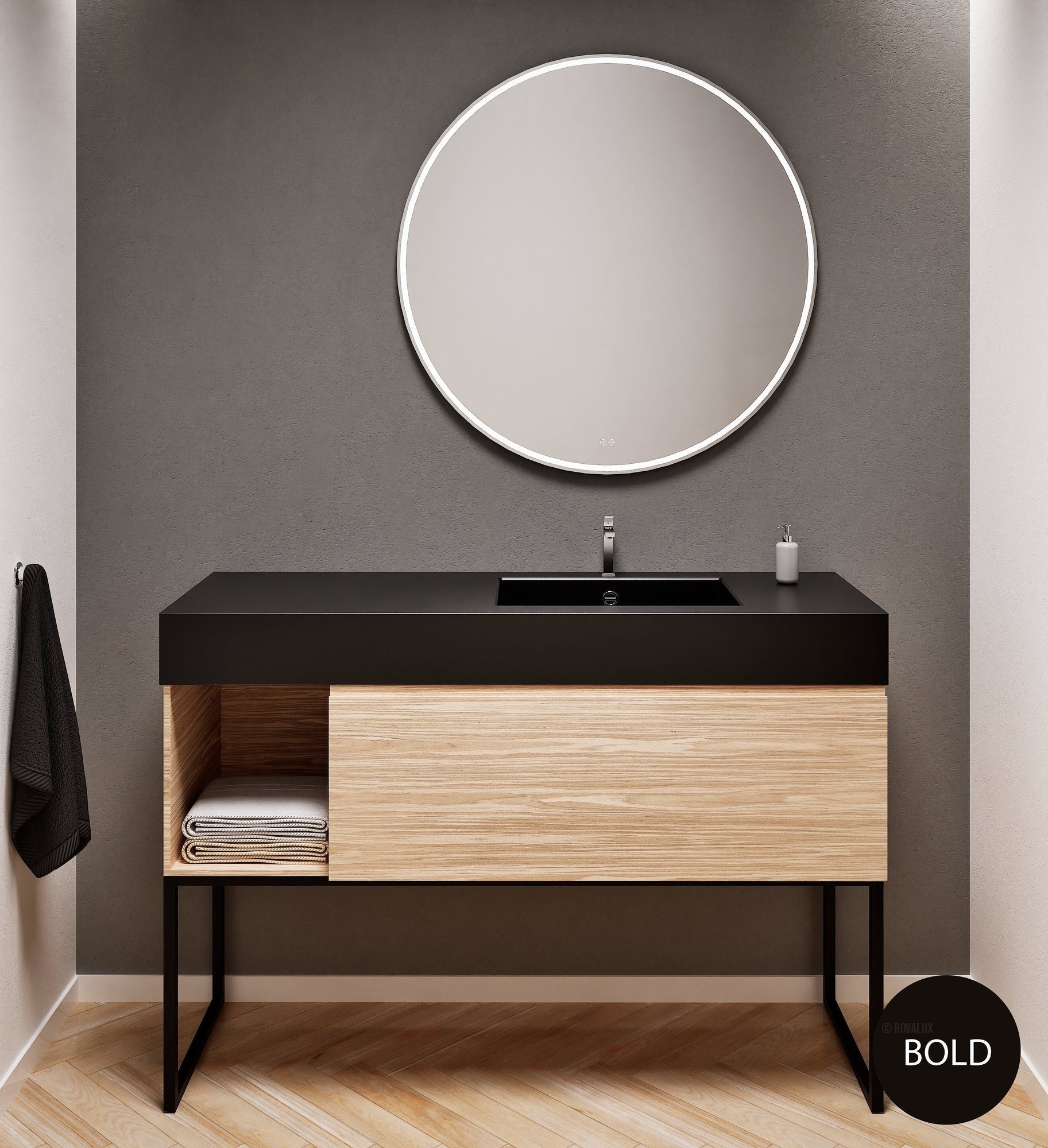 Aurora Single Set with Supporting Legs – Corian Basi & Countertop with 1 Drawer Vanity & Side Shelf - ROVALUX