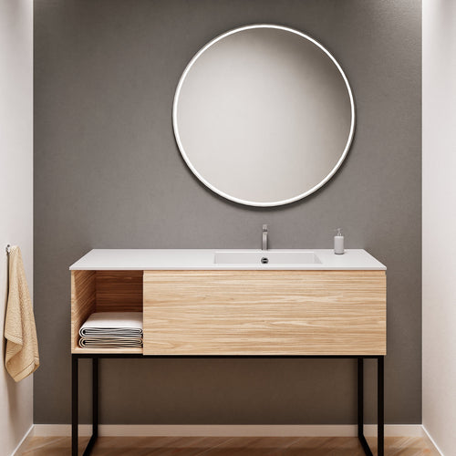 Aurora Single Set with Supporting Legs – Corian Basi & Countertop with 1 Drawer Vanity & Side Shelf - ROVALUX