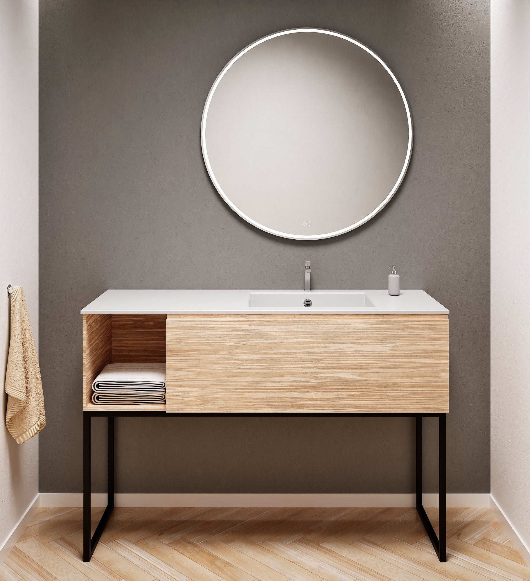 Aurora Single Set with Supporting Legs – Corian Basi & Countertop with 1 Drawer Vanity & Side Shelf - ROVALUX