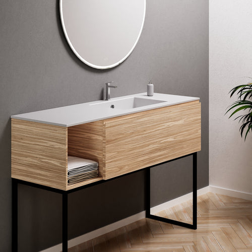 Aurora Single Set with Supporting Legs – Corian Basi & Countertop with 1 Drawer Vanity & Side Shelf - ROVALUX