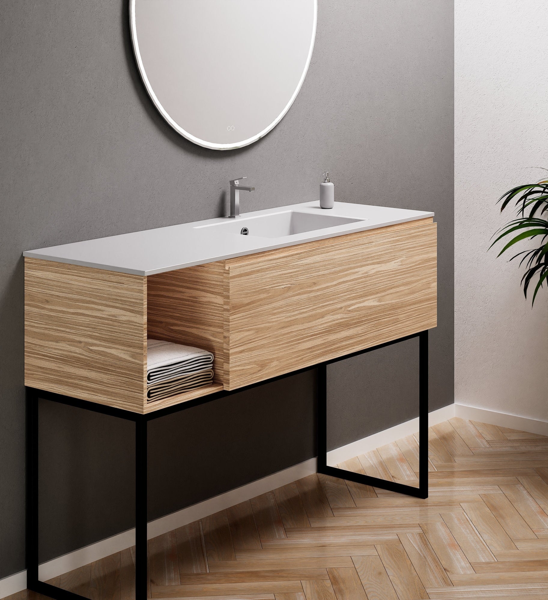 Aurora Single Set with Supporting Legs – Corian Basi & Countertop with 1 Drawer Vanity & Side Shelf - ROVALUX