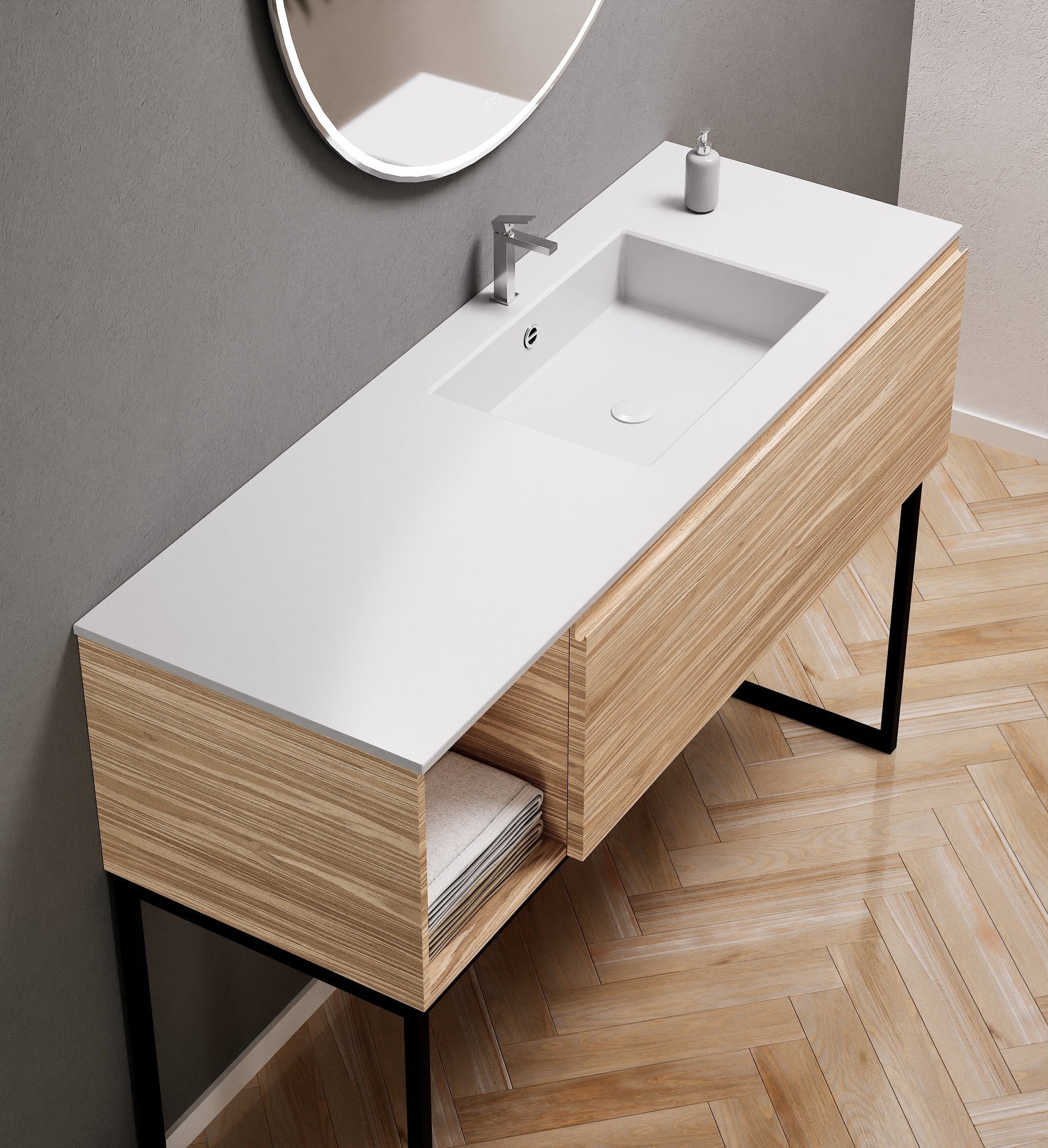 Aurora Single Set with Supporting Legs – Corian Basi & Countertop with 1 Drawer Vanity & Side Shelf - ROVALUX