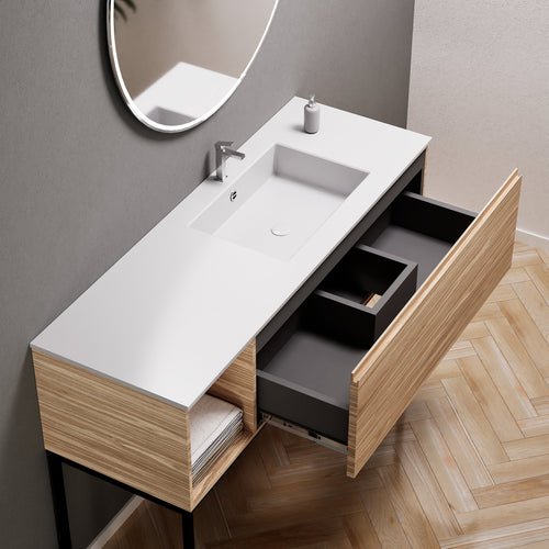 Aurora Single Set with Supporting Legs – Corian Basi & Countertop with 1 Drawer Vanity & Side Shelf - ROVALUX