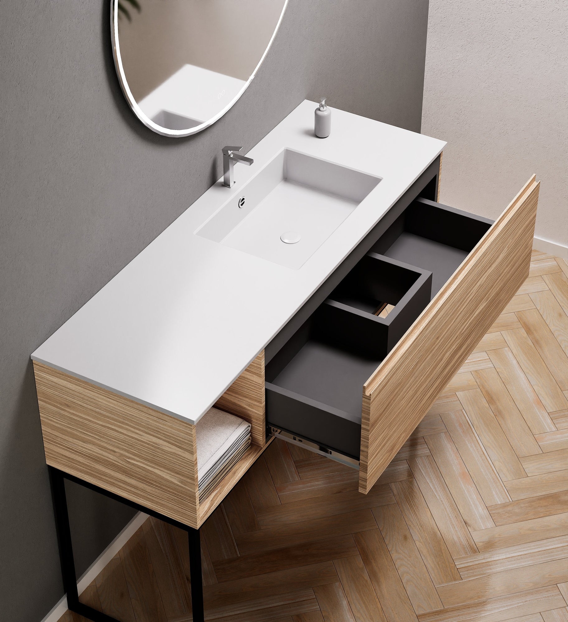 Aurora Single Set with Supporting Legs – Corian Basi & Countertop with 1 Drawer Vanity & Side Shelf - ROVALUX