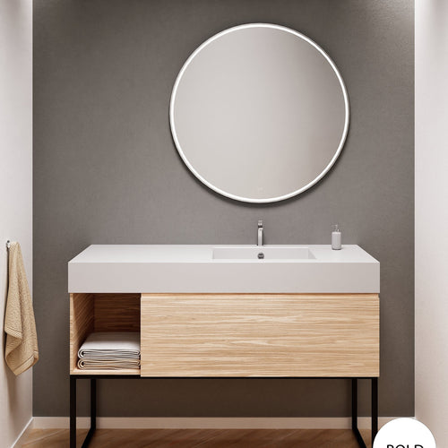Aurora Single Set with Supporting Legs – Corian Basi & Countertop with 1 Drawer Vanity & Side Shelf - ROVALUX