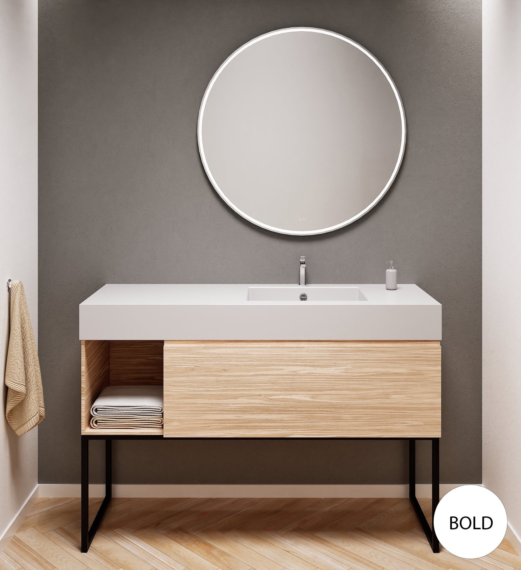 Aurora Single Set with Supporting Legs – Corian Basi & Countertop with 1 Drawer Vanity & Side Shelf - ROVALUX