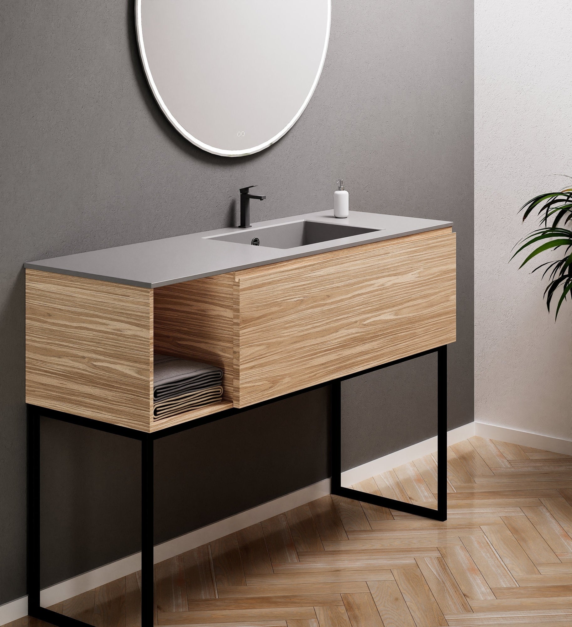 Aurora Single Set with Supporting Legs – Corian Basi & Countertop with 1 Drawer Vanity & Side Shelf - ROVALUX