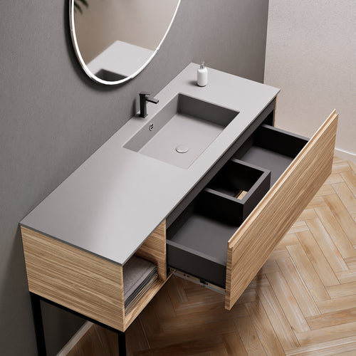Aurora Single Set with Supporting Legs – Corian Basi & Countertop with 1 Drawer Vanity & Side Shelf - ROVALUX
