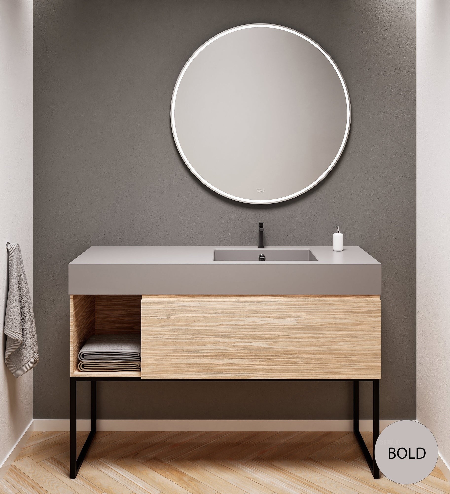 Aurora Single Set with Supporting Legs – Corian Basi & Countertop with 1 Drawer Vanity & Side Shelf - ROVALUX