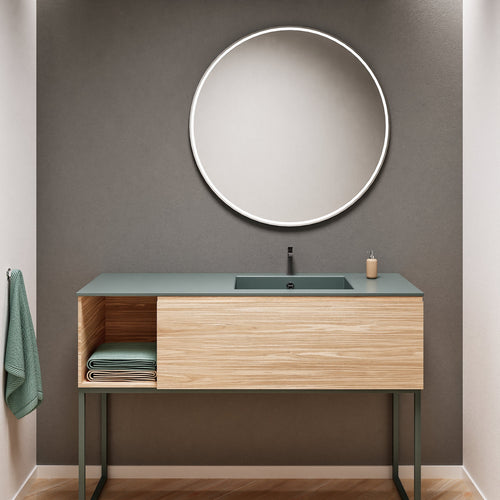 Aurora Single Set with Supporting Legs – Corian Basi & Countertop with 1 Drawer Vanity & Side Shelf - ROVALUX
