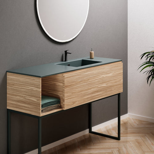 Aurora Single Set with Supporting Legs – Corian Basi & Countertop with 1 Drawer Vanity & Side Shelf - ROVALUX