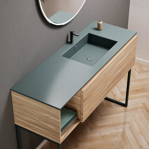 Aurora Single Set with Supporting Legs – Corian Basi & Countertop with 1 Drawer Vanity & Side Shelf - ROVALUX