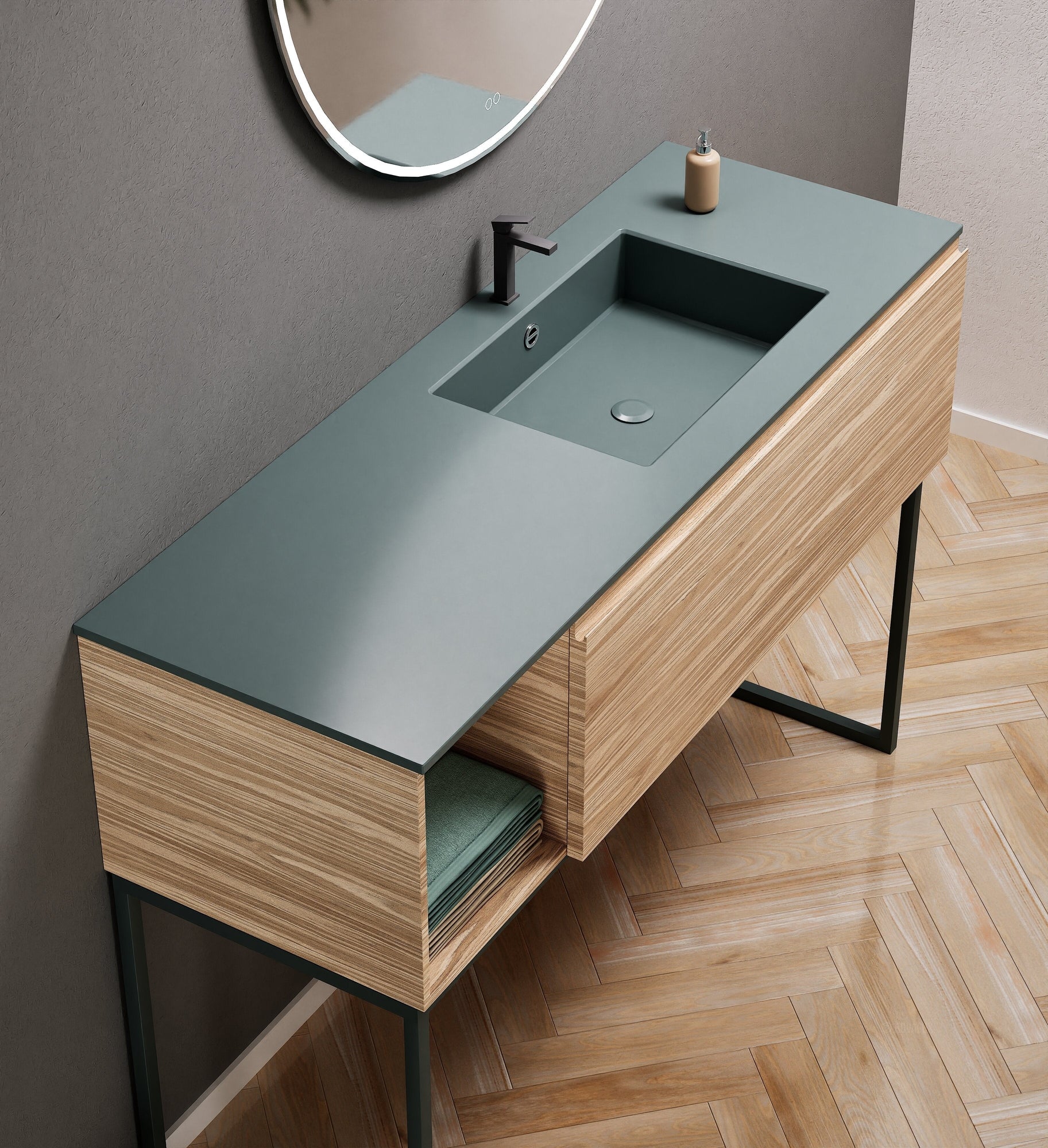 Aurora Single Set with Supporting Legs – Corian Basi & Countertop with 1 Drawer Vanity & Side Shelf - ROVALUX