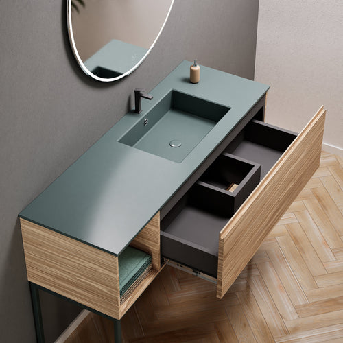Aurora Single Set with Supporting Legs – Corian Basi & Countertop with 1 Drawer Vanity & Side Shelf - ROVALUX