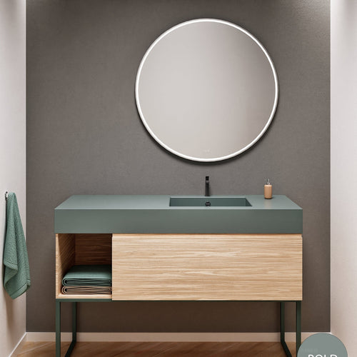 Aurora Single Set with Supporting Legs – Corian Basi & Countertop with 1 Drawer Vanity & Side Shelf - ROVALUX