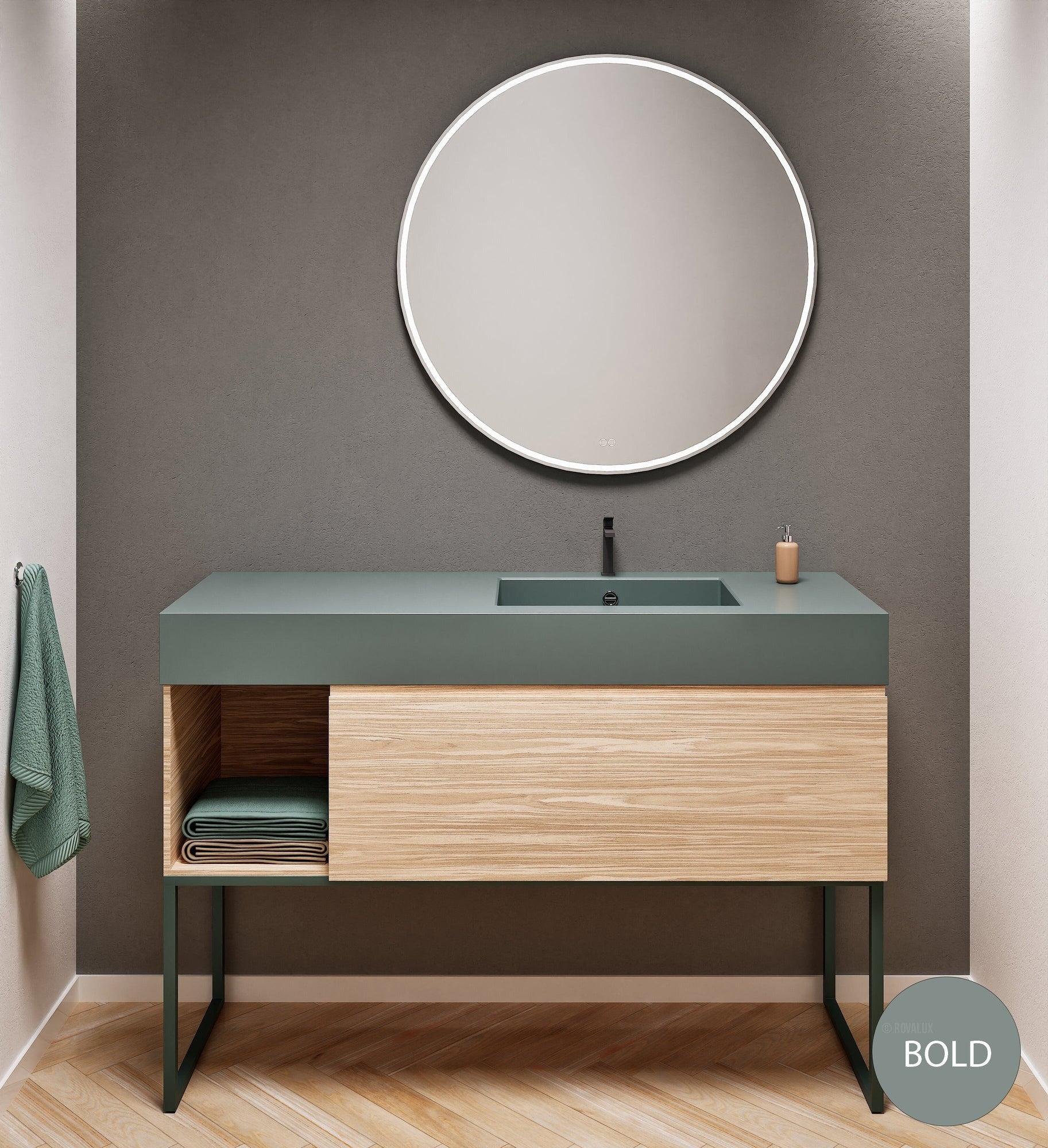 Aurora Single Set with Supporting Legs – Corian Basi & Countertop with 1 Drawer Vanity & Side Shelf - ROVALUX