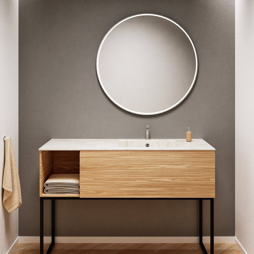 Aurora Single Set with Supporting Legs – Corian Basi & Countertop with 1 Drawer Vanity & Side Shelf - ROVALUX
