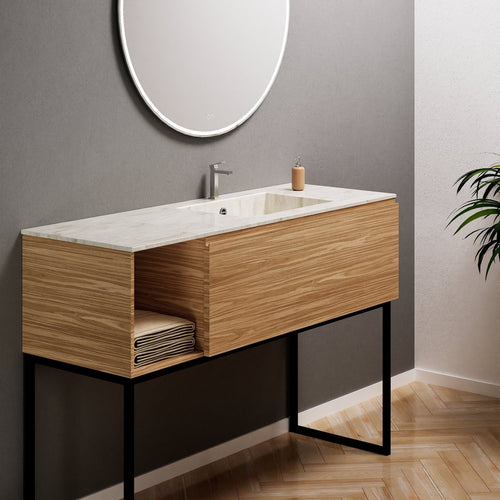 Aurora Single Set with Supporting Legs – Corian Basi & Countertop with 1 Drawer Vanity & Side Shelf - ROVALUX