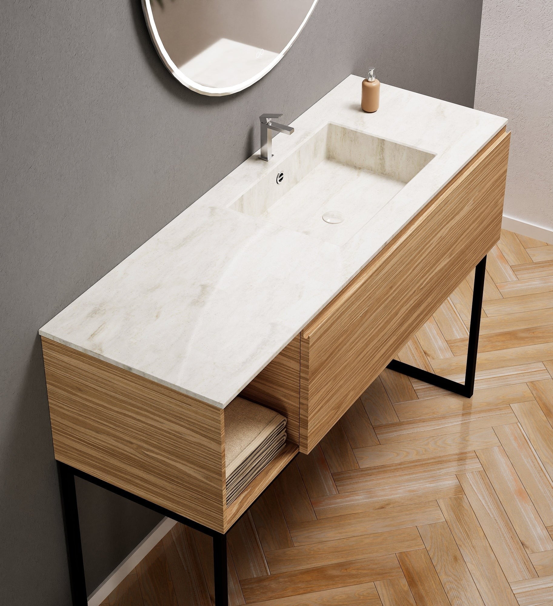 Aurora Single Set with Supporting Legs – Corian Basi & Countertop with 1 Drawer Vanity & Side Shelf - ROVALUX