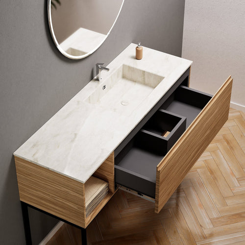 Aurora Single Set with Supporting Legs – Corian Basi & Countertop with 1 Drawer Vanity & Side Shelf - ROVALUX