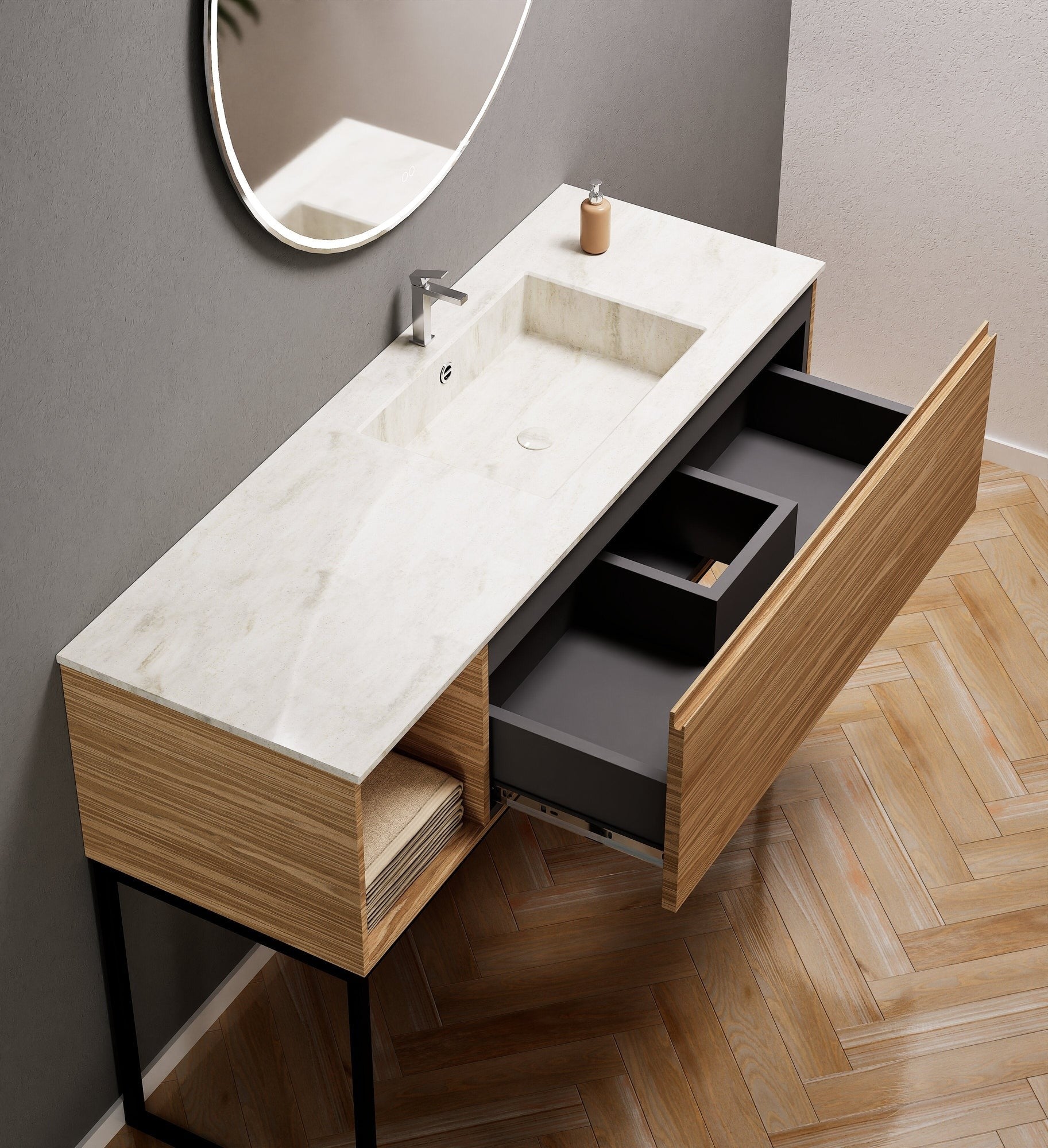 Aurora Single Set with Supporting Legs – Corian Basi & Countertop with 1 Drawer Vanity & Side Shelf - ROVALUX
