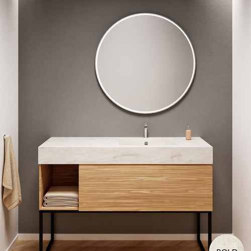 Aurora Single Set with Supporting Legs – Corian Basi & Countertop with 1 Drawer Vanity & Side Shelf - ROVALUX